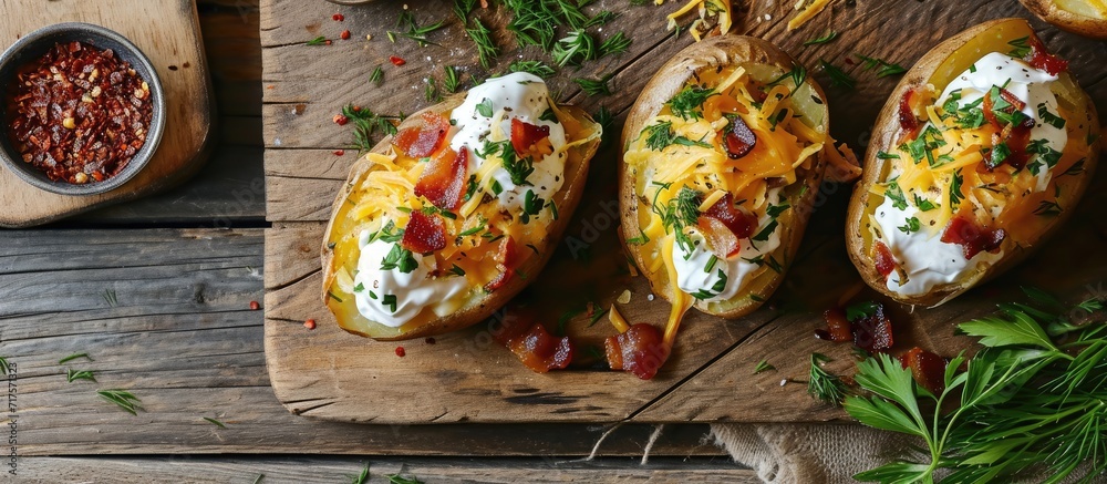 Poster Homemade Loaded Baked Potatoes with Bacon Cheddar and Sour Cream. Copy space image. Place for adding text or design