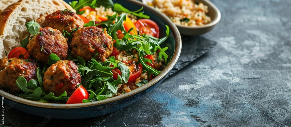 Poster grilled meatball with salad bulgur pilaf and thin bread. Copy space image. Place for adding text or design