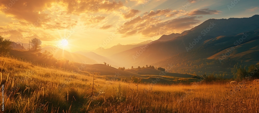 Aufkleber mountain field during sunset beautiful natural landscape. copy space image. place for adding text or