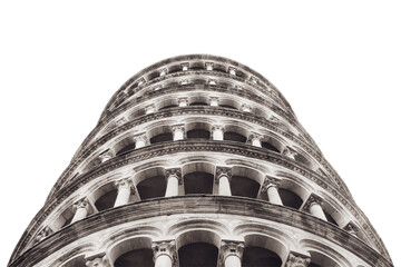 Unusual view of the leaning tower of Pisa, isolated on a white background. Bottom view of the tower in the Italian city of Pisa, isolated on a white background. Italy, province of Tuscany.