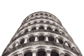 Unusual view of the leaning tower of Pisa, isolated on a white background. Bottom view of the tower in the Italian city of Pisa, isolated on a white background. Italy, province of Tuscany.