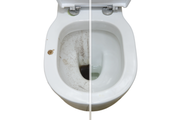 Toilet bowl before and after cleaning from dirt and clogging of the pipe, isolated on white background. The bathroom hygiene improved significantly after the household cleaning of the toilet