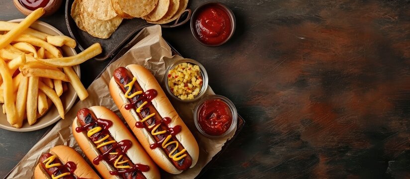 Gourmet Grilled All Beef Hots Dogs with Sides and Chips. Copy space image. Place for adding text or design