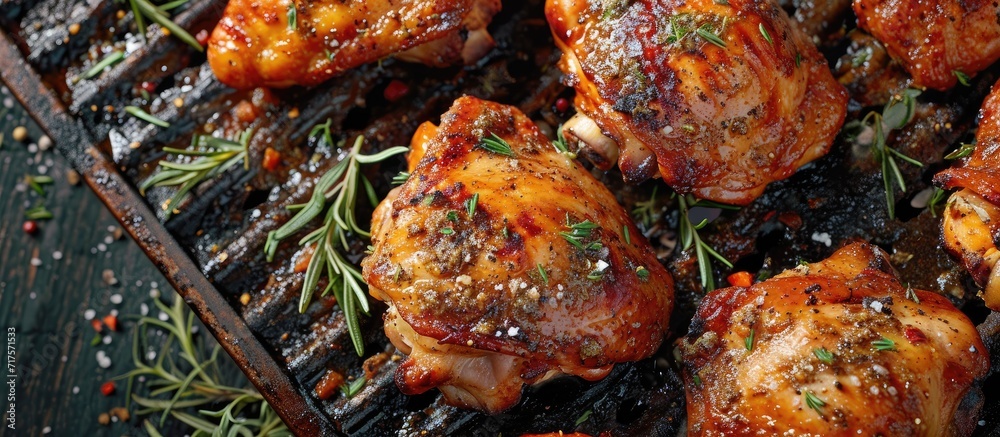 Aufkleber Grilled chicken thighs on a charcoal barbecue grill being cooked with seasoning and sauce. Copy space image. Place for adding text or design