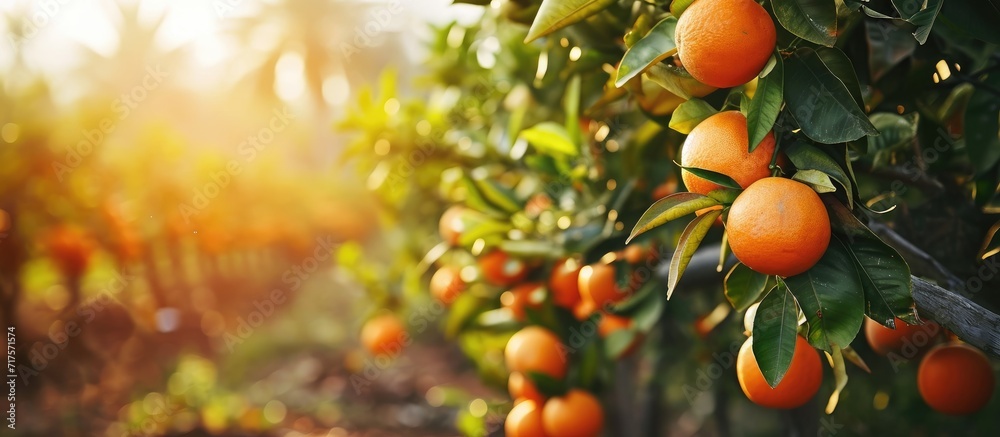 Poster Grapefruits on the tree Ripe fruits growing on the plantation. Copy space image. Place for adding text or design