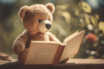 Soft teddy bear reading a novel. Cuddly plush animal reader scholarly literature. Generate ai - obrazy, fototapety, plakaty