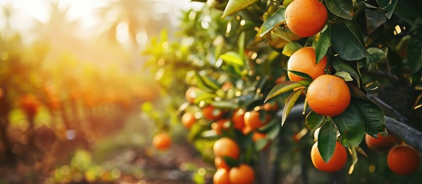 Grapefruits on the tree Ripe fruits growing on the plantation. Copy space image. Place for adding text or design