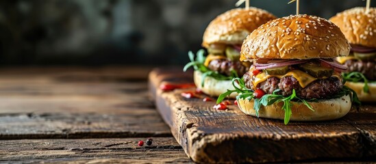 Hamburger sliders on a rustic cutting wooden board. Copy space image. Place for adding text or design