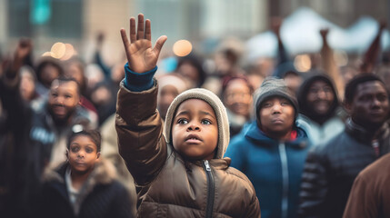 Fototapeta premium A black child with hands raised with a background of people demonstrating