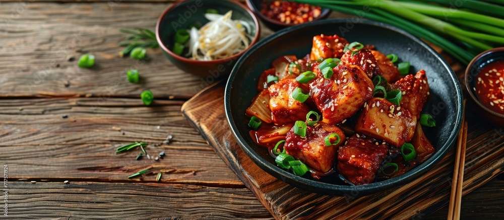 Poster Homemade spicy pork belly cooked with kimchi spring onions onion and tofu Marinated with red chilli paste called gojuchang. Copy space image. Place for adding text or design