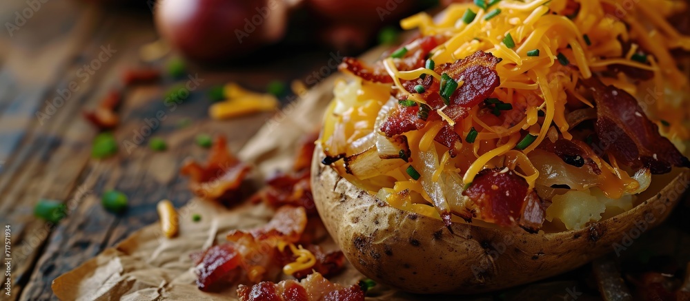 Poster Hot baked potato topped with bacon green onions and cheddar cheese. Copy space image. Place for adding text or design