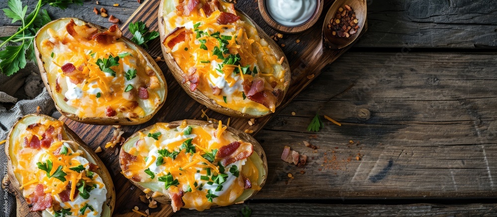 Poster Homemade Loaded Baked Potatoes with Bacon Cheddar and Sour Cream. Copy space image. Place for adding text or design