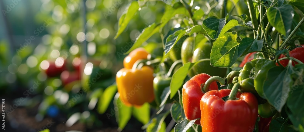 Poster growing sweet peppers in a greenhouse close up fresh juicy red and yellow peppers on the branches cl