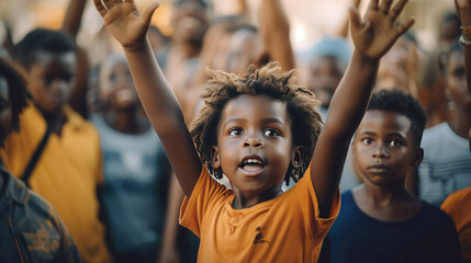 A black child with hands raised with a background of people demonstrating