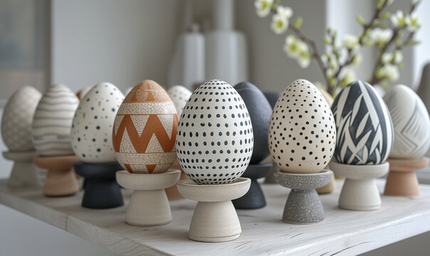 A modern, monochrome Easter basket with black and white eggs 