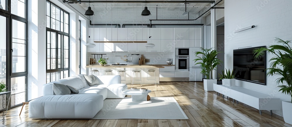 Poster functional light modern flat with open kitchen and living room with sofa and big tv. copy space imag