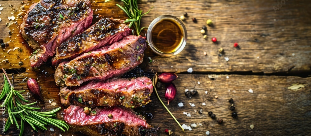 Poster Grilled ribeye beef steak with herbs and spices Flat lay with copy space. Copy space image. Place for adding text or design