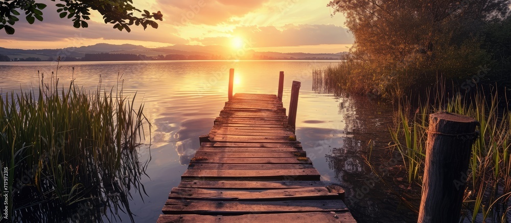 Poster landscape of a lake at sunset and with a wooden jetty. copy space image. place for adding text or de