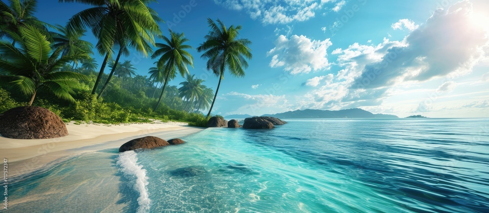 Poster Palm trees over stunning lagoon and white sandy beach. Copy space image. Place for adding text or design