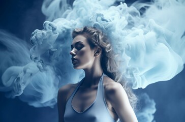 Female dancer with blue smoke spiral. Graceful woman dance performance in cloudy dust. Generate ai