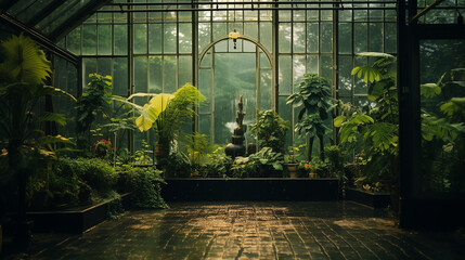 glasshouse in a botanical garden surrounded by lush - obrazy, fototapety, plakaty