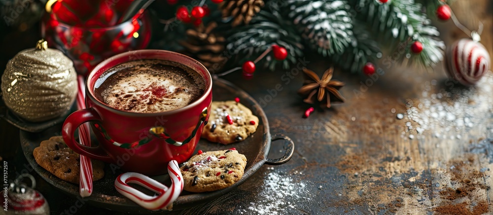 Poster Hot cocoa with candy canes and few cookies. Copy space image. Place for adding text or design