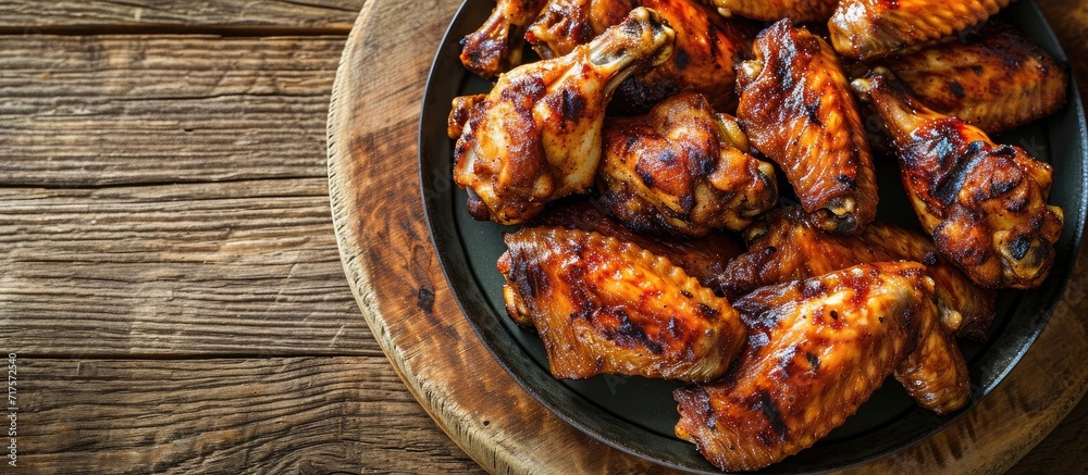Poster Grilled chicken wings on plate Top view flat lay. Copy space image. Place for adding text or design