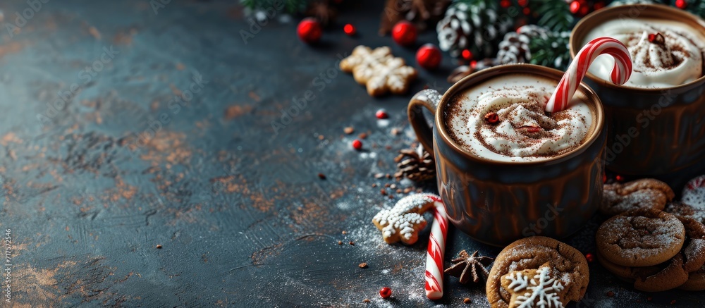 Poster Hot cocoa with candy canes and few cookies. Copy space image. Place for adding text or design