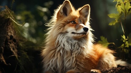 A cute fox sits in the forest