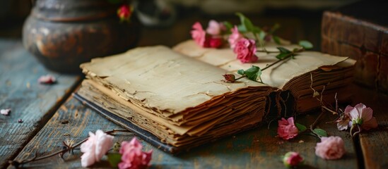 Old Vintage Diary with Blank Paper Sheets and Wild Flowers on Wooden Rustic Table. Copy space image. Place for adding text or design