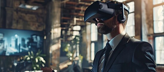 Male business executive using virtual reality headset in office. Copy space image. Place for adding...