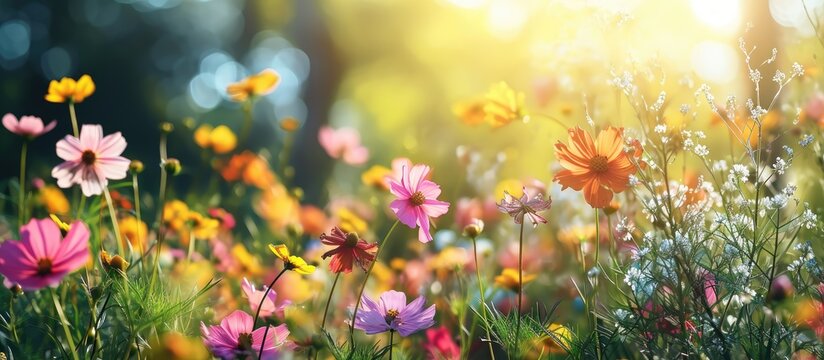 How Beautifully The Red Pink Misty Kheri White And Yellow Flowers Are Blooming It Looks Amazingly Beautiful Full Of Green Nature Around Open Sky Shining Sun Around. Copy Space Image