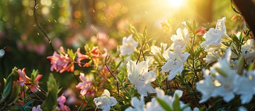 How beautifully the white flowers are blooming yellow or orange flower petals can be seen in the middle full of green nature around open sky shining sun around. Copy space image