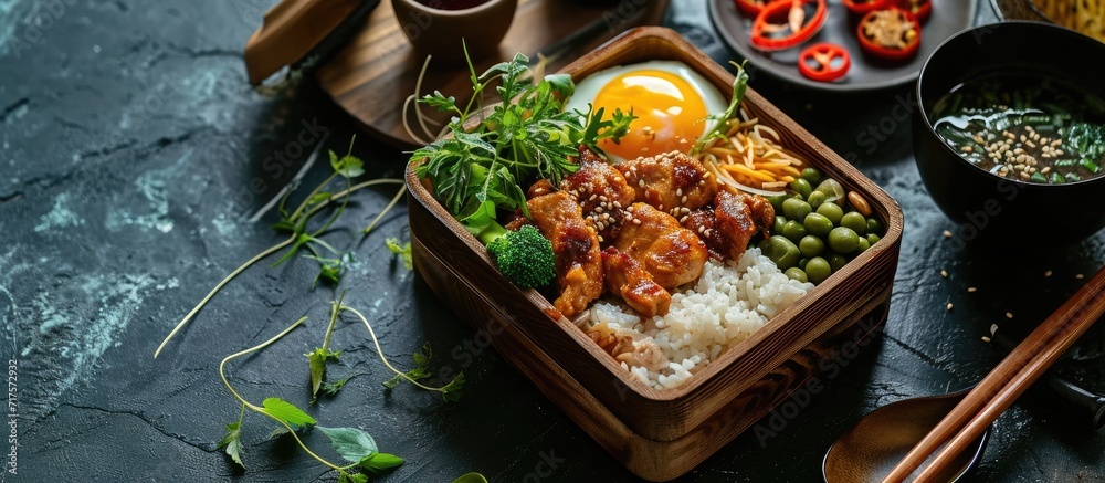 Poster japanese bento lunch box with sesame crusted chicken edamame beans egg and spicy rice. copy space im