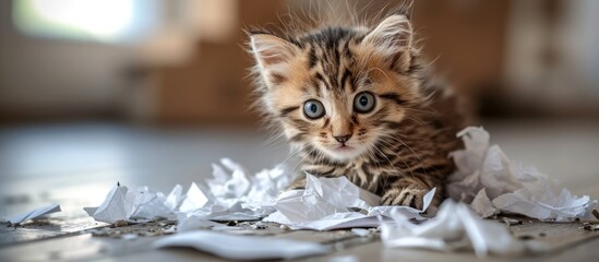 Funny cat made a mess tore the paper Curious cat kitten mixed breed cat playing with paper Paper recycling. Copy space image. Place for adding text or design - obrazy, fototapety, plakaty