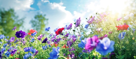 Obraz na płótnie Canvas How beautifully the flowers of purple and blue red misty color are blooming it looks very beautiful the open sky is full of green nature around and the sun is shining around. Copy space image