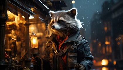 Fototapeta na wymiar A raccoon in an urban setting at night