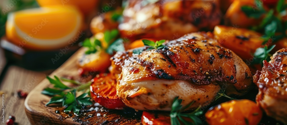 Poster Grilled chicken breast with fresh vegetables Selective focus. Copy space image. Place for adding text or design