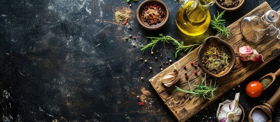 Fototapeta na wymiar Organic vegetarian ingredients olive oil and seasoning on rustic wooden cutting board over dark vintage background with space for text top view Healthy food vegan or diet nutrition concept