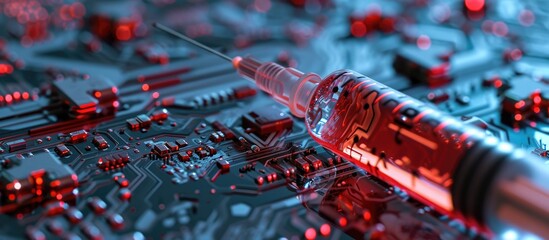 Neural network technology and artificial intelligence implantation microprocessor CPU with contact legs lies on silicone printed circuit board with syringe and needle and glass ampoule red medi - obrazy, fototapety, plakaty