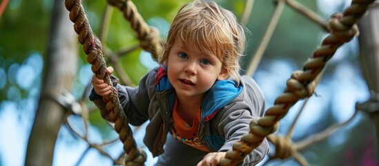 Little boy climbing on the rope at playground. Copy space image. Place for adding text or design - obrazy, fototapety, plakaty