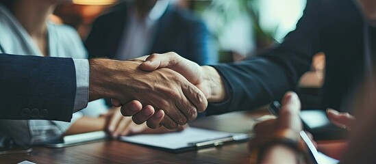 Good deal Close up of two business people shaking hands while sitting at the working place. Copy space image. Place for adding text or design