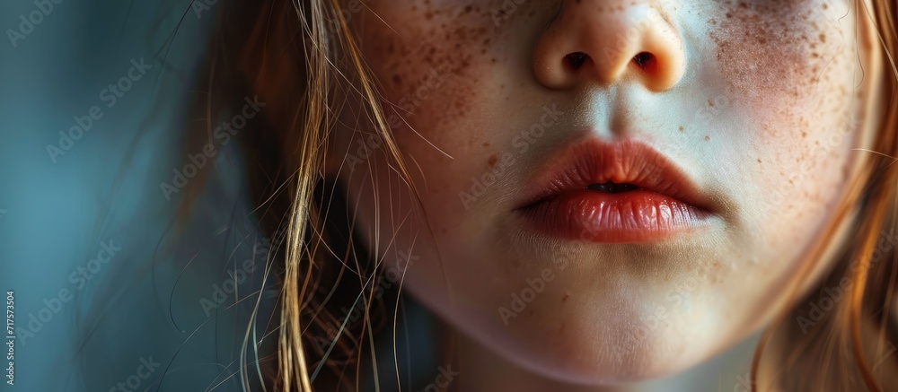 Poster Macro of a little girl s mouth curling her tongue into a U shape a genetic trait inherited from her parents. Copy space image. Place for adding text or design