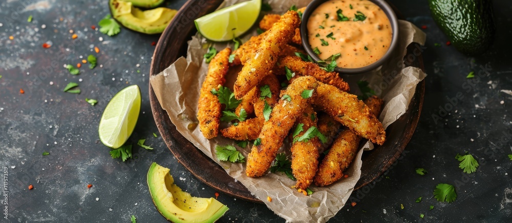 Aufkleber Homemade Breaded Fried Avocado Fries with Chipotle Sauce. Copy space image. Place for adding text or design