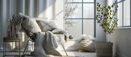 Hand knitted merino wool chunky blanket in interior on background Stylish and cozy Scandinavian interior bed chair white wall. Copy space image. Place for adding text or design - obrazy, fototapety, plakaty