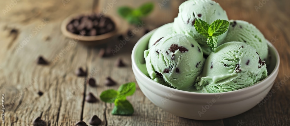 Poster organic green mint chocolate chip ice cream. copy space image. place for adding text or design