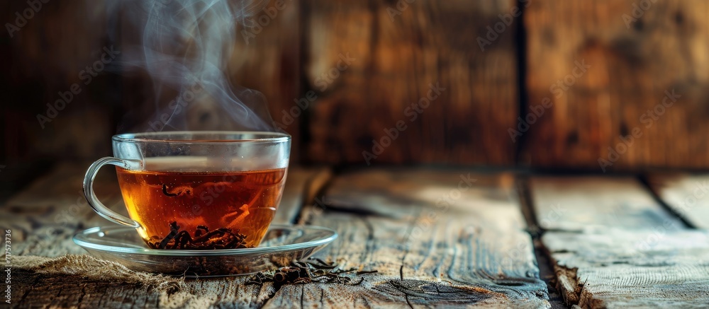 Poster hot tea in glass teapot and cup with steam on wood background. copy space image. place for adding te