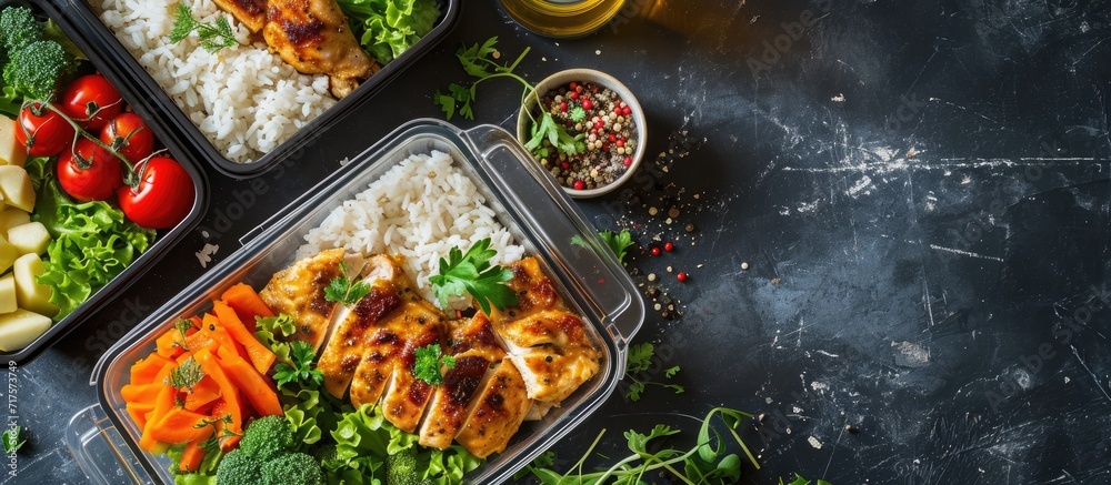 Poster healthy green meal prep containers with chicken fillet rice brussels sprouts and vegetables overhead