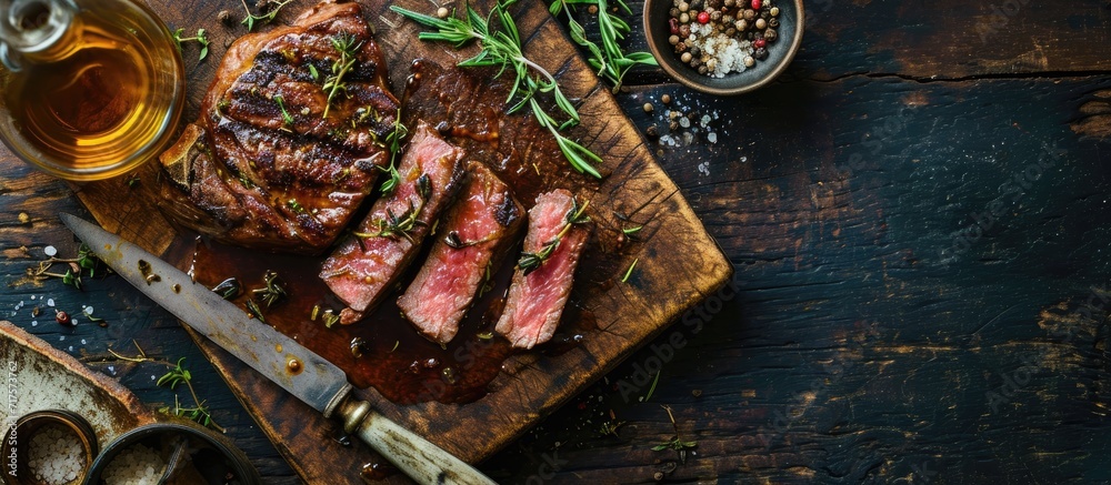 Poster Grilled ribeye beef steak with herbs and spices Flat lay with copy space. Copy space image. Place for adding text or design