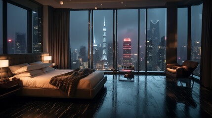 luxury hotel room with city view watching rainfall. - obrazy, fototapety, plakaty